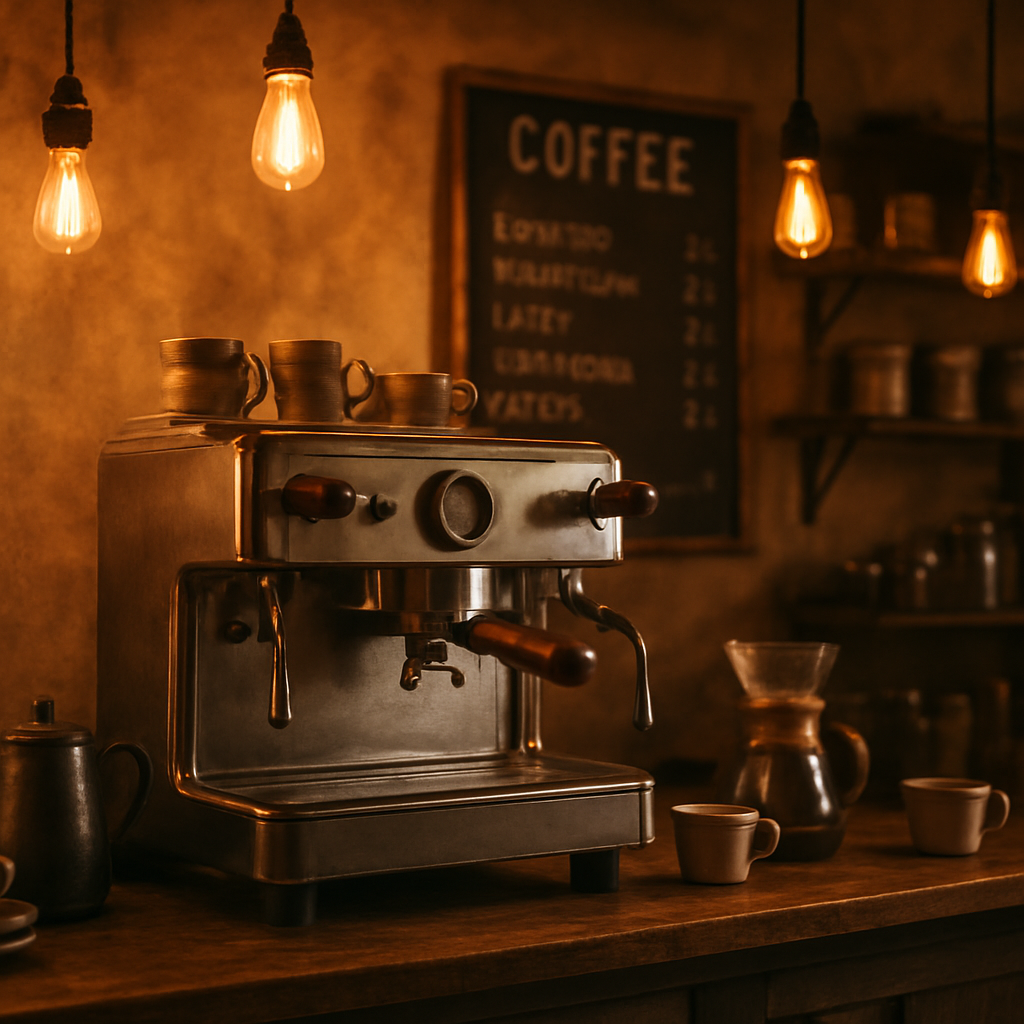 Cosy artisan coffee shop interior with vintage espresso machine and warm lighting
