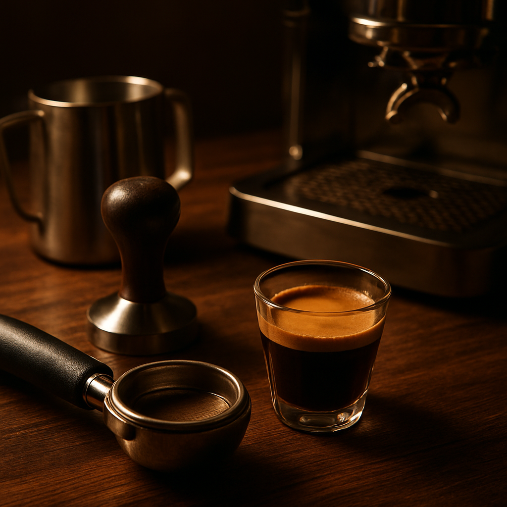 Coffee preparation tools and freshly pulled espresso shot on a wooden counter